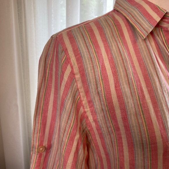 Lauren Ralph Lauren Linen Striped Button Front Boyfriend Long Sleeve Blouse SZ M - Picture 7 of 10